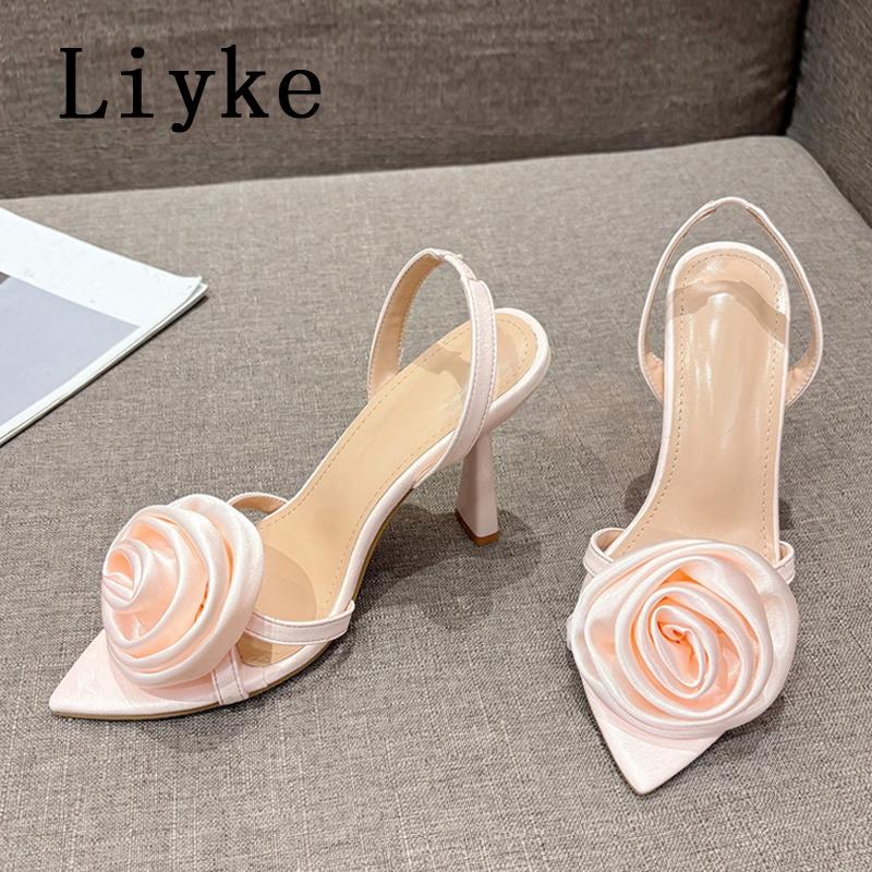 Fashion Liyke Sexy Slingback Sandals Women Summer Fashion Rose Flowers Pointed Open Toe Back Strap High Heels Party Dress Shoes Size 41