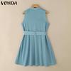 VONDA Summer Women Sleeveless Belt Waist Casual Pleated Dress