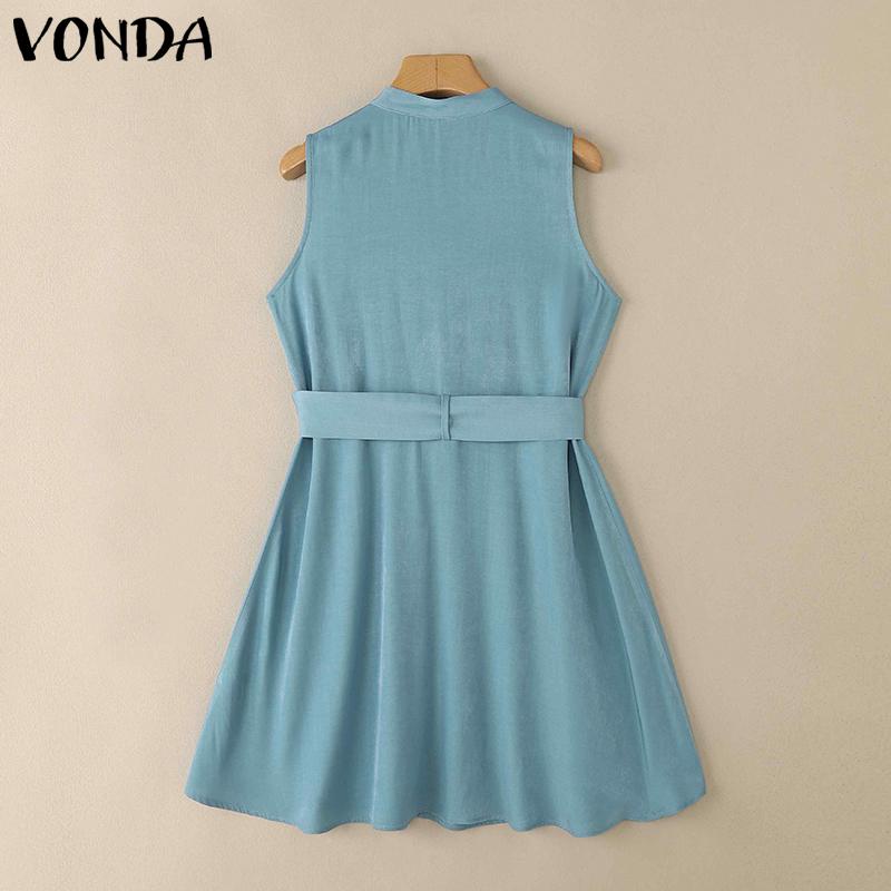 VONDA Summer Women Sleeveless Belt Waist Casual Pleated Dress