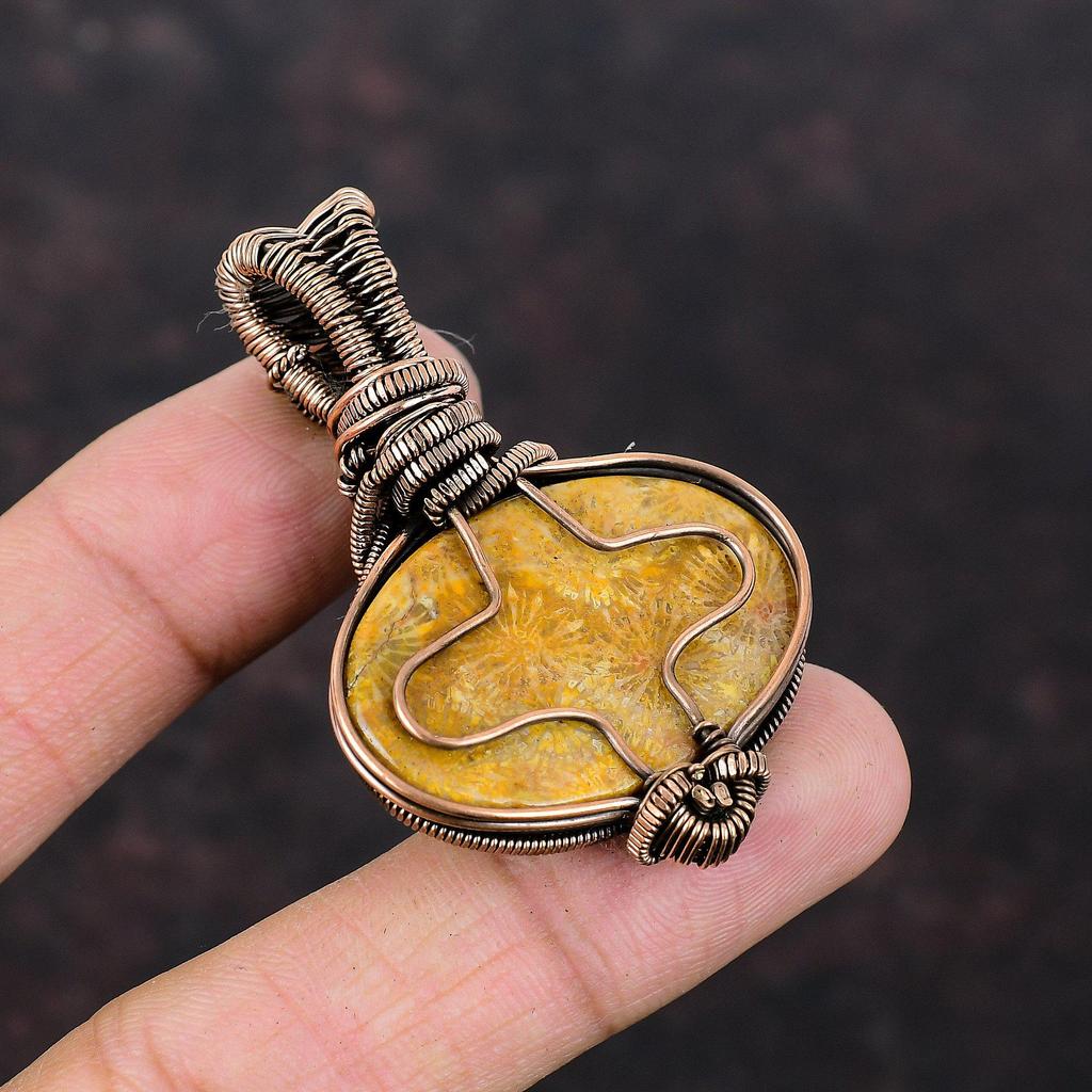 Fossil Coral Pendant Copper Wire Wrapped Pendant Moonstone Gemstone Pendant Copper Jewelry Handmade Boho Pendant Wire Wrap Jewelry For Gift
