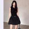 Elegant Black Floral Short Dress for Women - French Style Trendy Bud Design