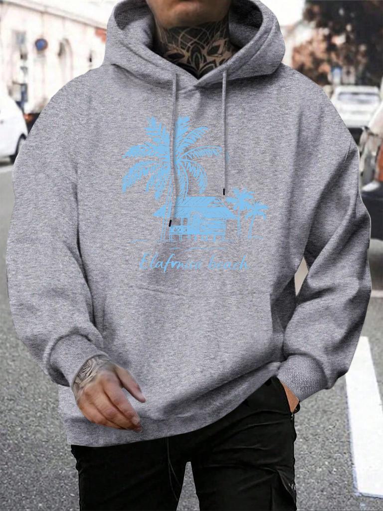 Beach Coconut Trees Creative Printed Men Hoodies Multicolor Loose Hoody Autumn Fleece Streetwear Pocket All-Match Unisex Tops
