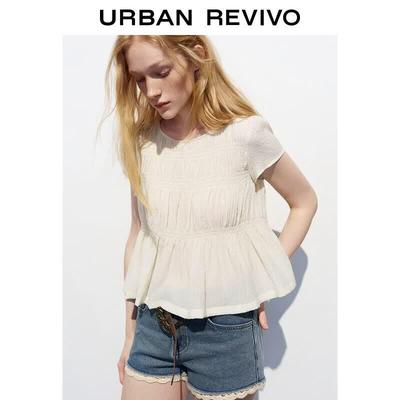 Women's Pleated Round Neck Tie-Back Puff Sleeve Blouse