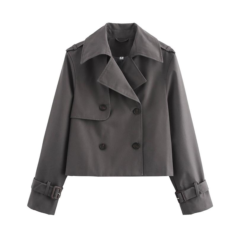 YENKYE Nieuwe Herfst Dames Effen Cropped Trenchcoat Vintage Dubbelrijig Lange Mouwen Korte Jas Reverskraag Windjack
