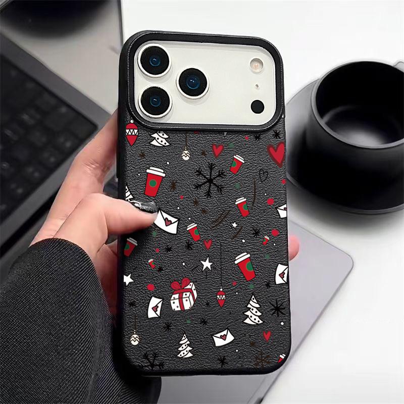 Full-Coverage Christmas Pattern iPhone Case for iPhone 17 16 15 14 Fro Max 13 Air - Festive Shockproof TPU Cover with PU Leather Texture