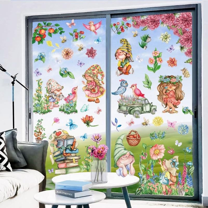 9 Sheets Spring Flower Butterfly Gnomes Window Sticker Reusable PVC Decal Glass Door Clings for Home School Party Decors