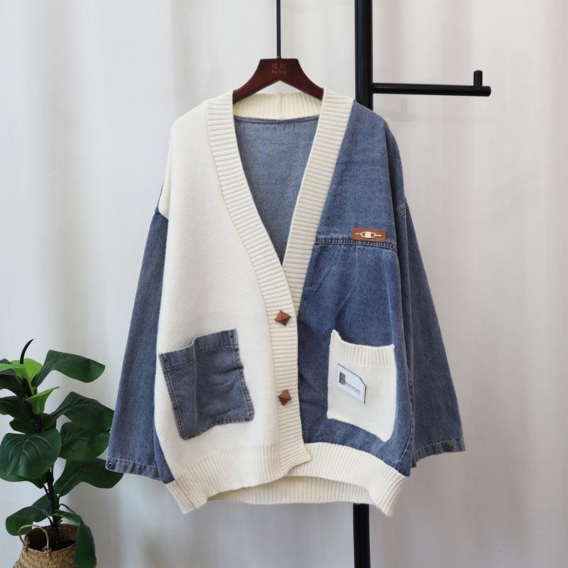 

Осень и зима новый свободный ленивый ветер джинсовый лоскутный дизайн трикотажный кардиган женский свитер куртка one size fits all