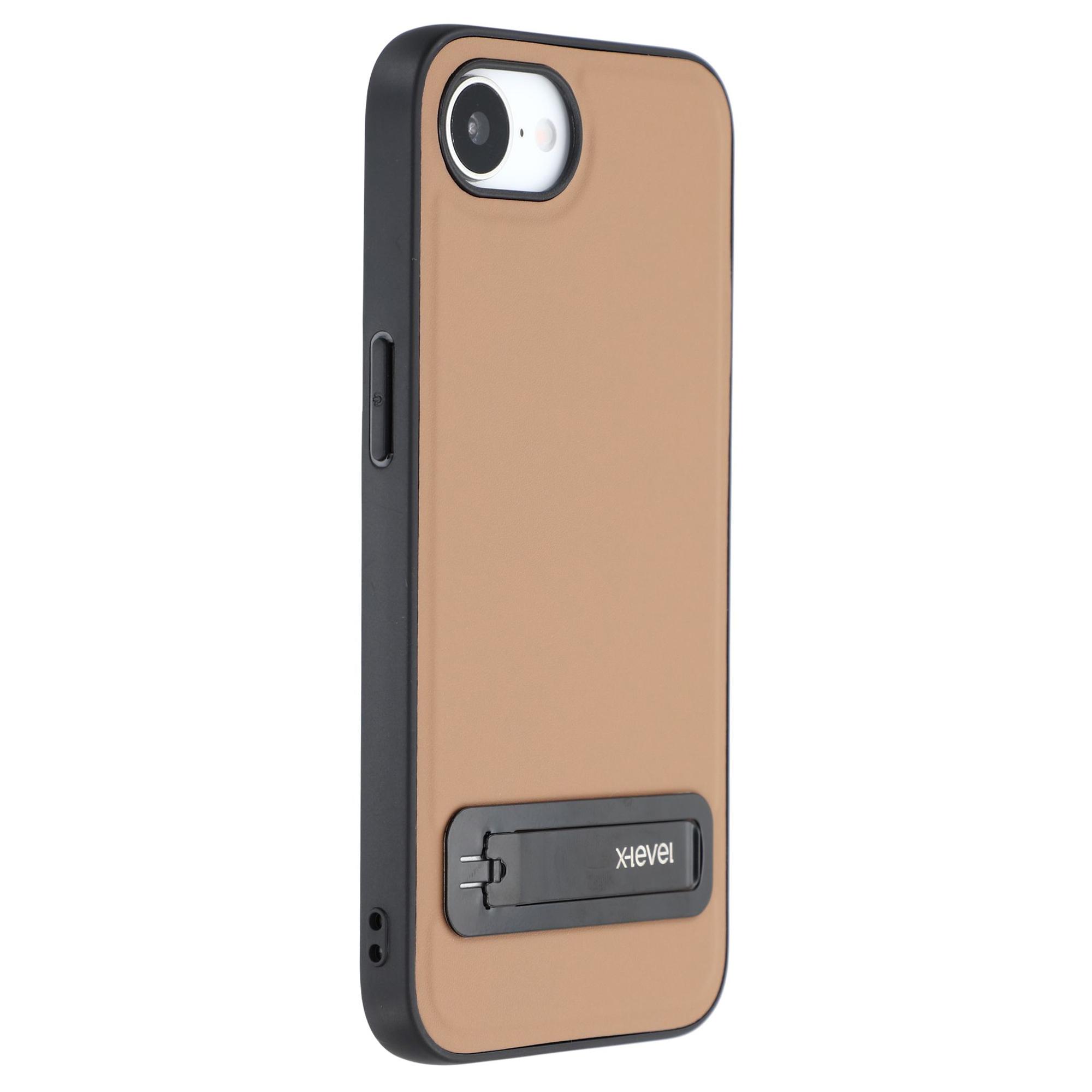 

X-LEVEL For iPhone 16e Case Leather Coated PC TPU Phone Back Cover with Metal Kickstand Brown