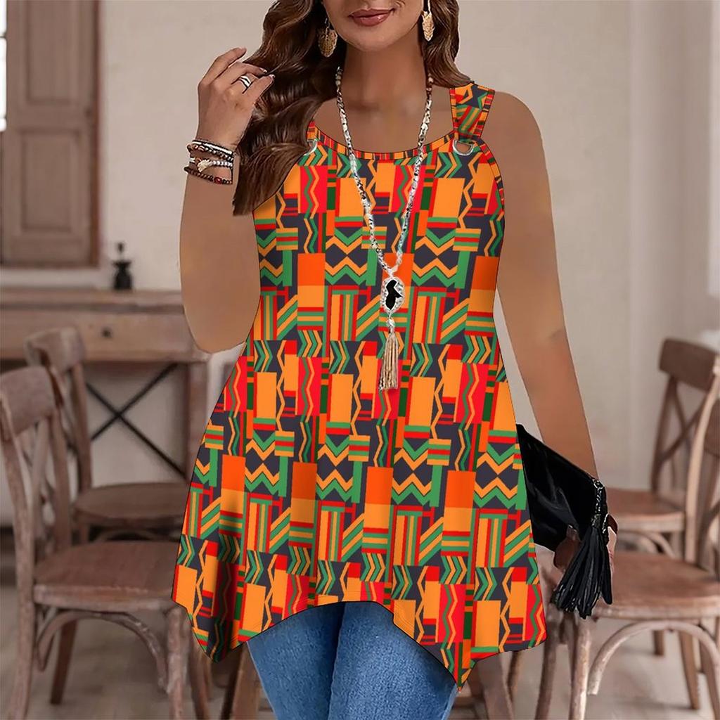 Women's Fashionable Casual Sports Double-ring Vest, Large-sized Tank Vest with Camouflage Printed Patterns, Irregular Hem, Elegant and Simple