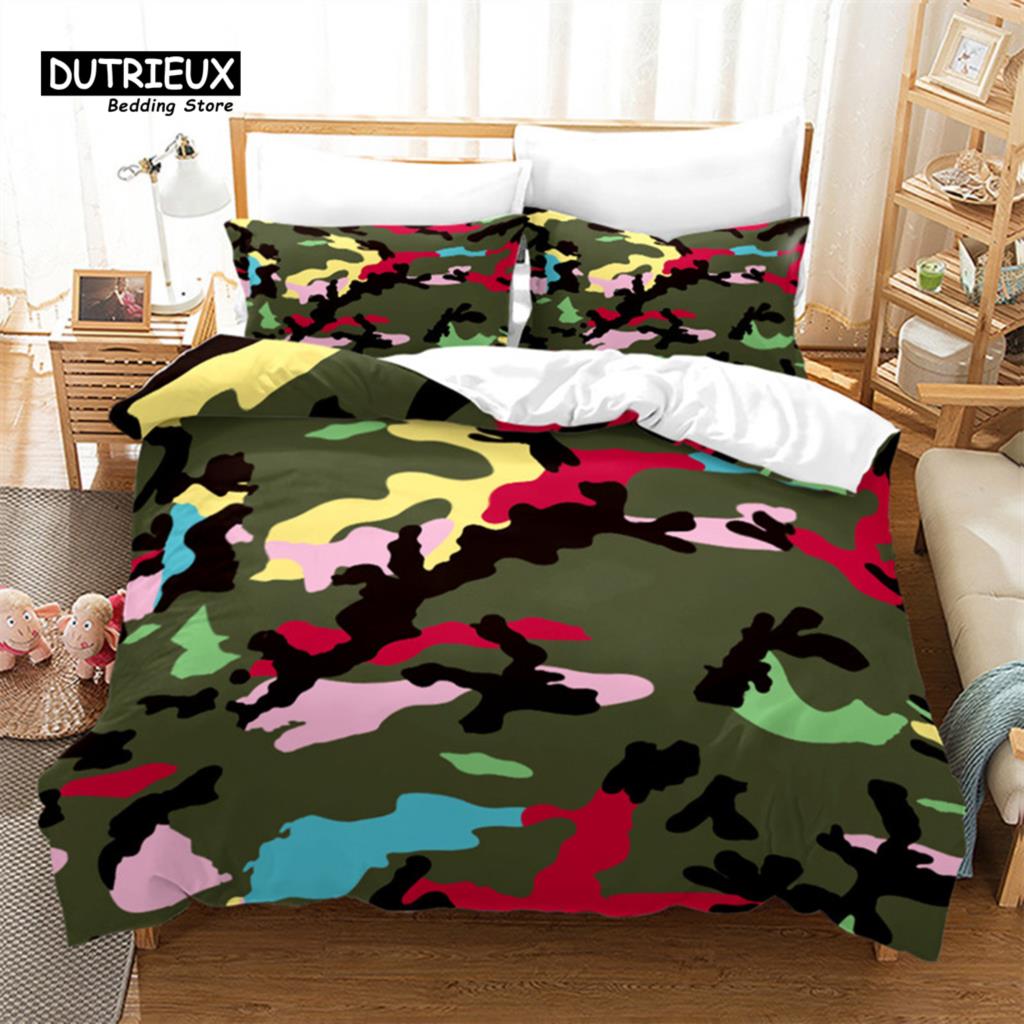 Kamuflażowy Zestaw Pościeli Rozmiar King Queen Kolorowy Wzór Abstrakcyjny Nadruk Artystyczny Poszwa na Kołdrę Poszewki na Poduszki Dla Chłopców Nastolatków Mężczyzn Dekoracyjny