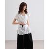 Demana Women's Pure Cotton Summer V-Neck Lace Short Sleeve Blouse with Contrast Belt