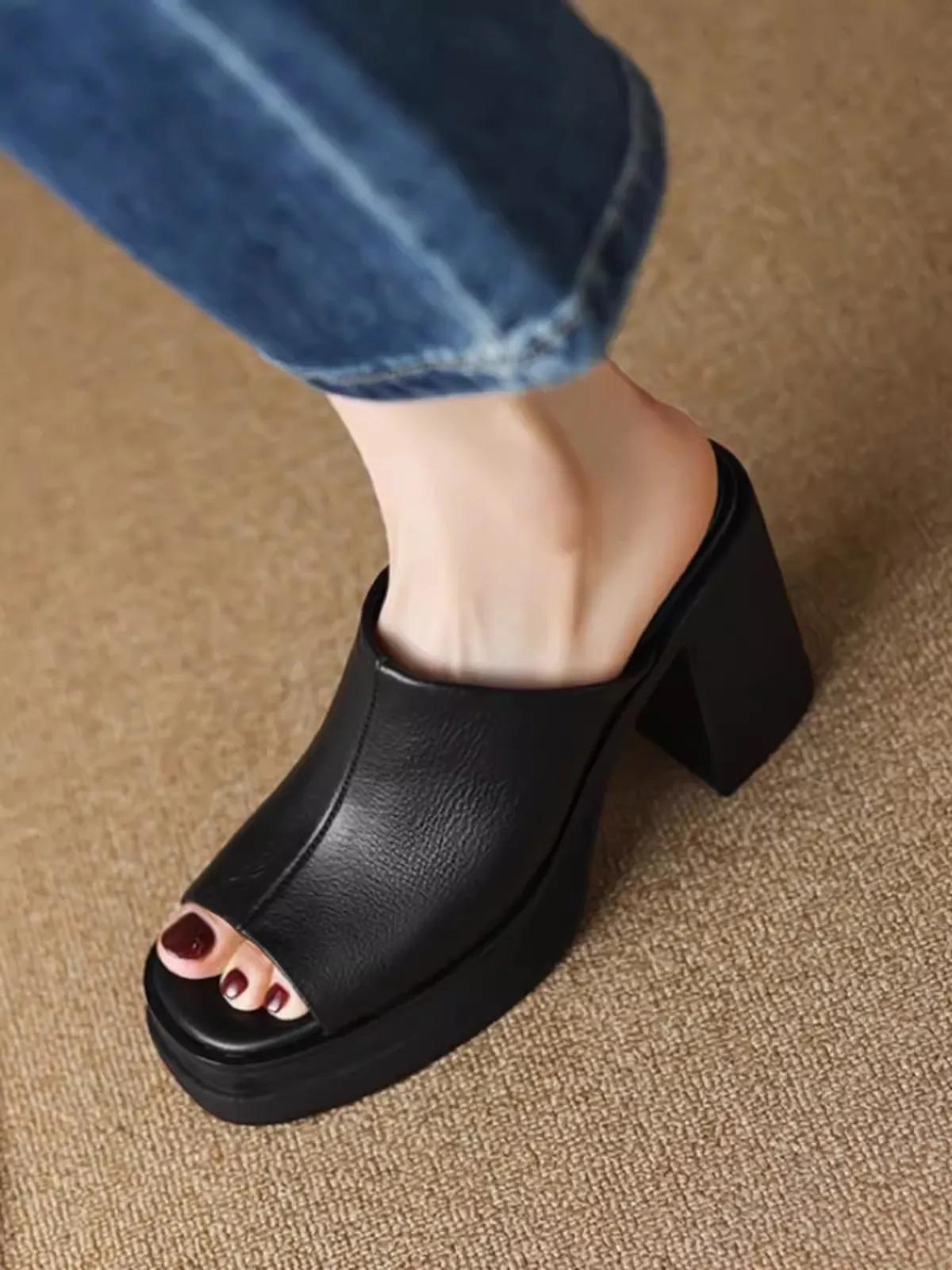 

модні жіночі туфлі з натуральної шкіри 2024 року на платформі на масивному високому каблуці шльопанці жіночі модні повсякденні тапочки літо весна коричневі 39 чорний