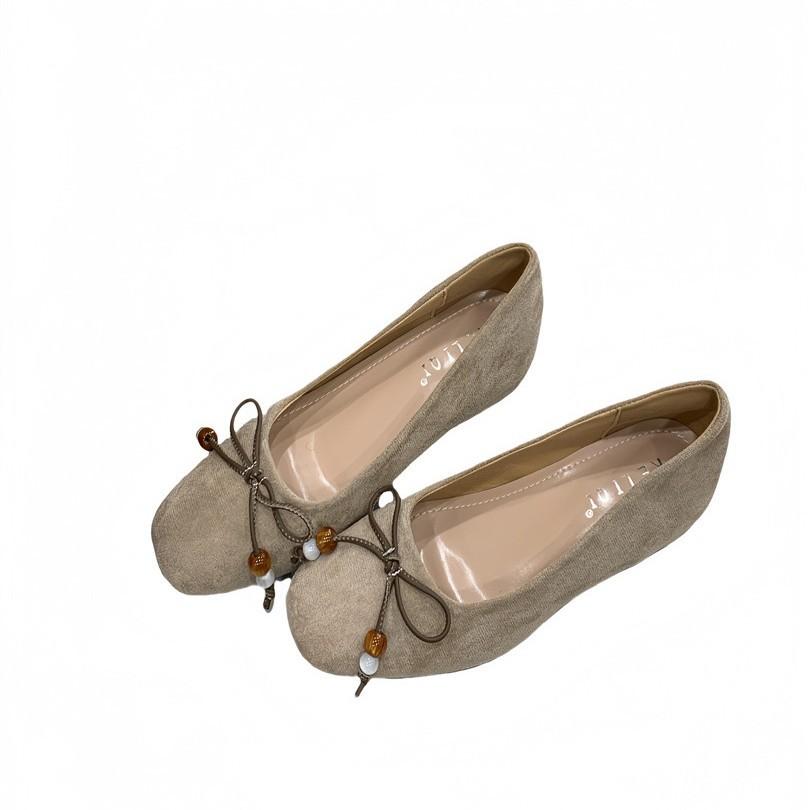 Korean version of square head soft leather soft bottom flat sole single shoes temperament fashion bow one pedal grandma shoes 2025 autumn new