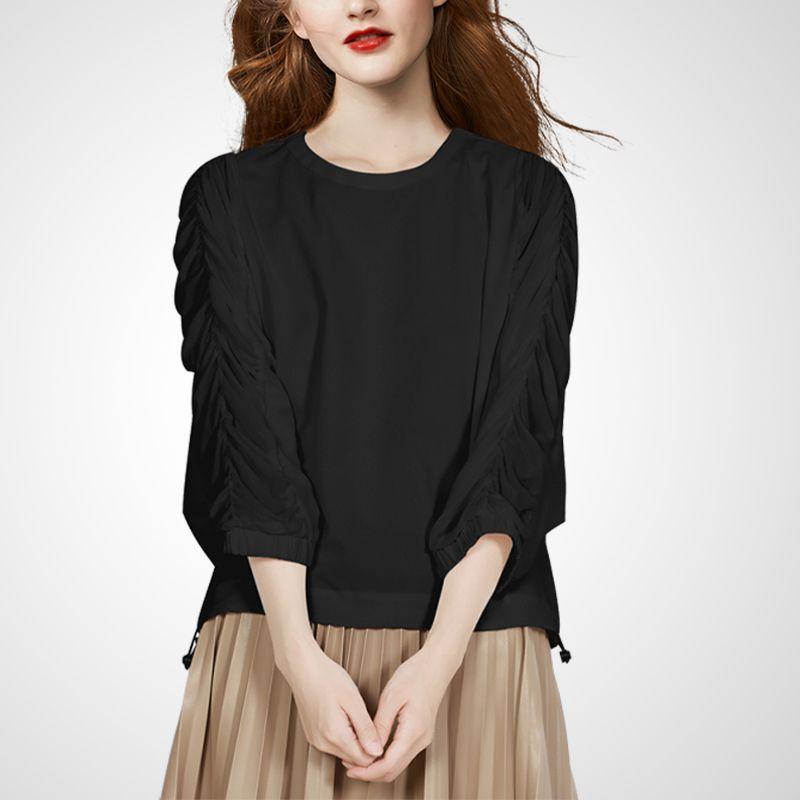 

Fashion Niche Style Three-Quarter Sleeve Early Autumn Base Tops T-shirt Black- M