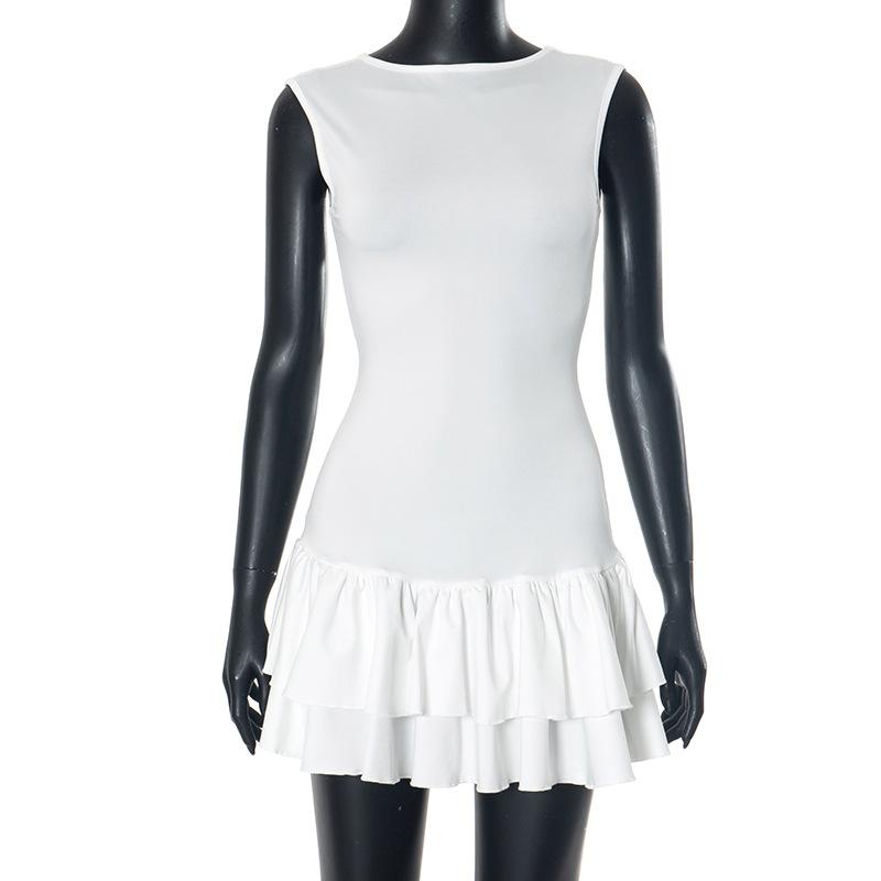 

Женская мода лето весна однотонный принт без рукавов с круглым вырезом и высокой талией повседневные платья S белый