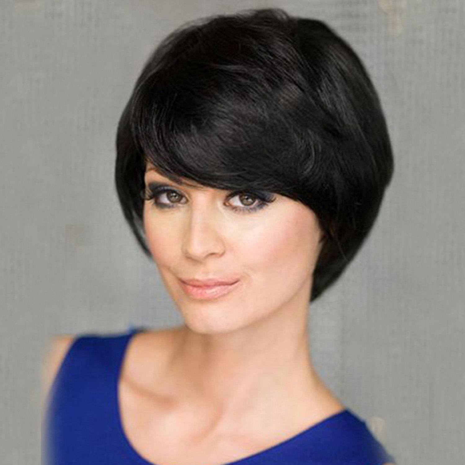 

Женский синтетический короткий вьющийся парик с челкой для женщин, термостойкие волосы, натуральные черные парики для повседневного использования, костюм чёрный