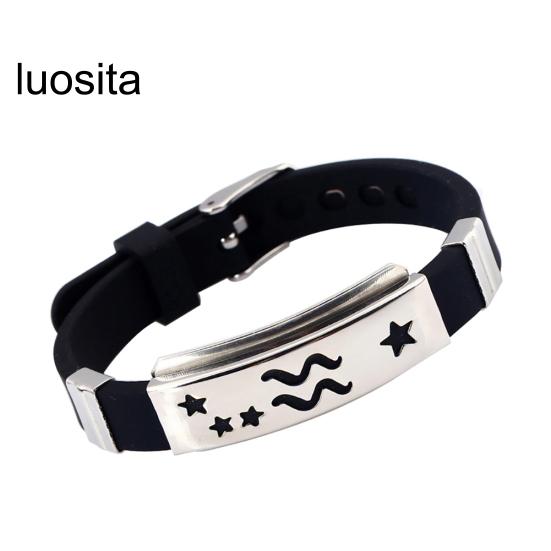 Men's Horoscope Stainless Steel Silicone Wristband Bangle Clasp Cuff Bracelet
