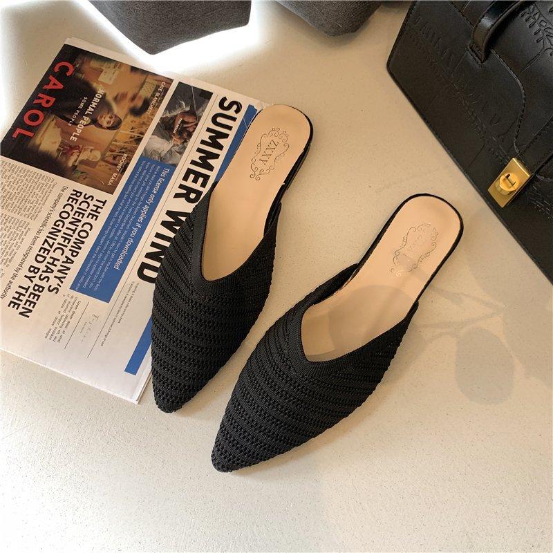 Baotou low heel wear sandals women 2025 spring new flying woven versatile flat heel lazy shoes pointed muller half slippers