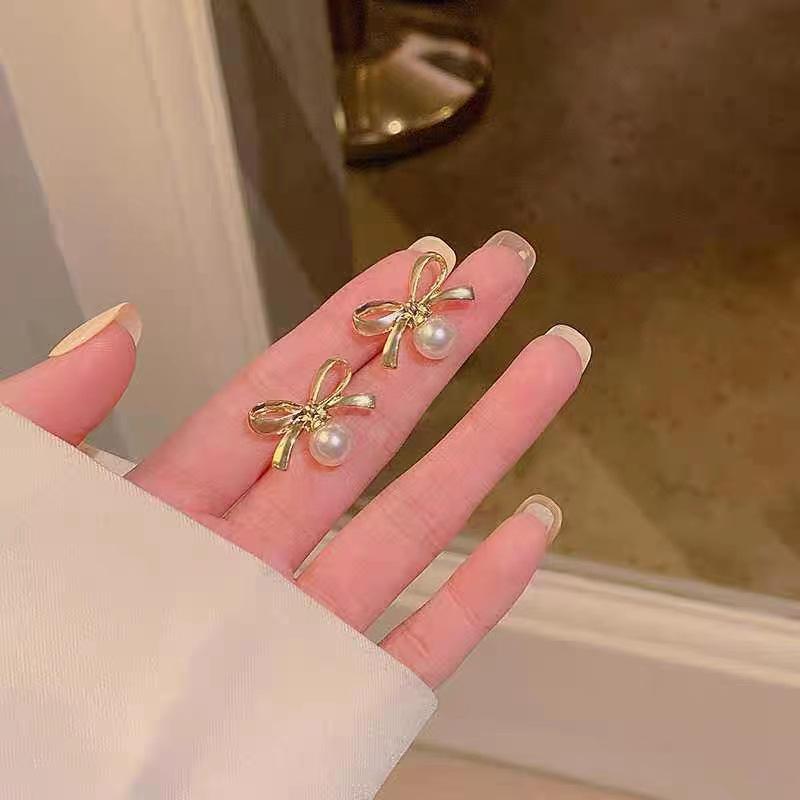 925 Silver Bow Pearl Stud Earrings - Trendy Internet Celebrity Style