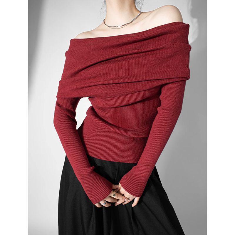 Women's Slim Fit One-Shoulder White Long-Sleeve Sweater, Elegant Pleated Spring Top