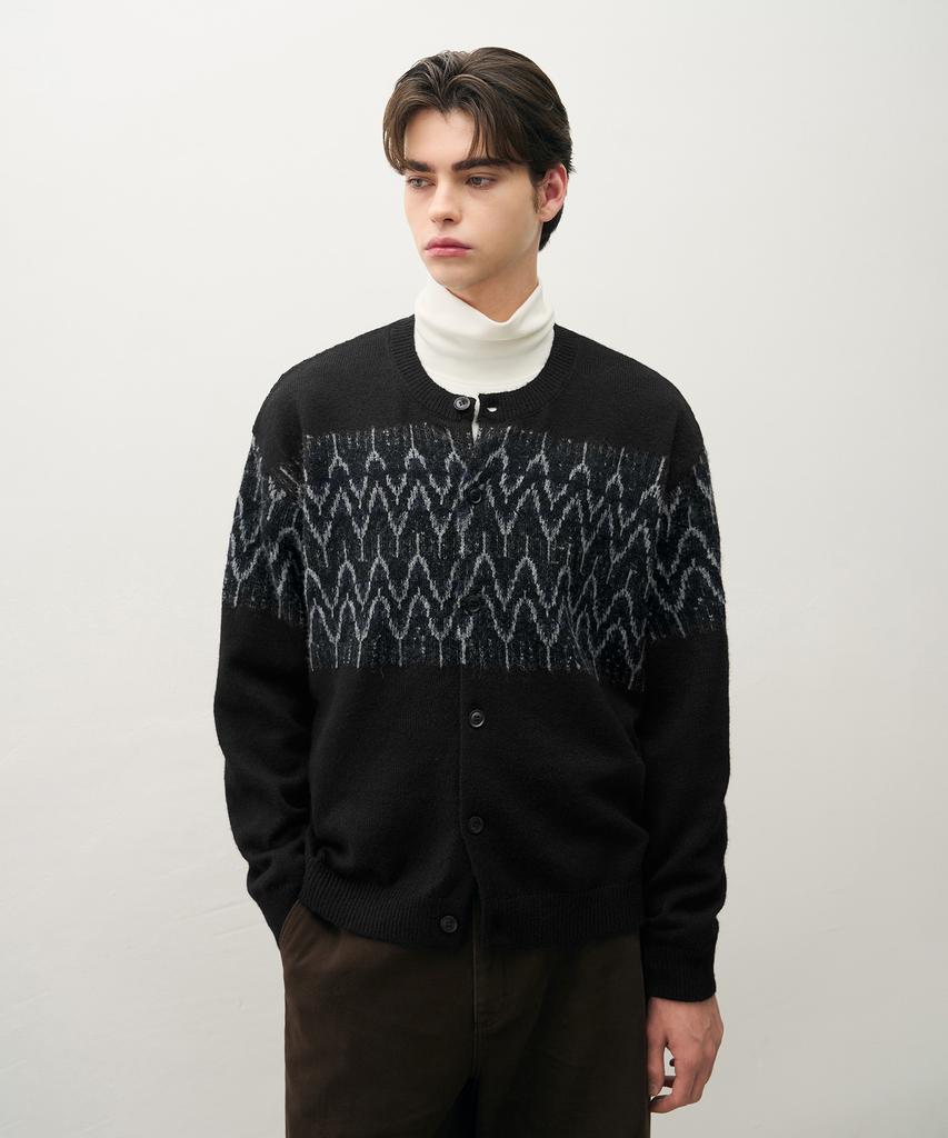 Draw Fit Wool Hairy Nordic Round Cardigan [Black]
