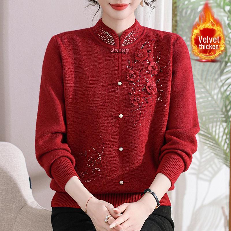 Mom's Red Winter Sweater - Velvet-Thickened Base Layer for Weddings, Mother-in-Law Approved, Zodiac Year Style for Middle-Aged & Elderly Women