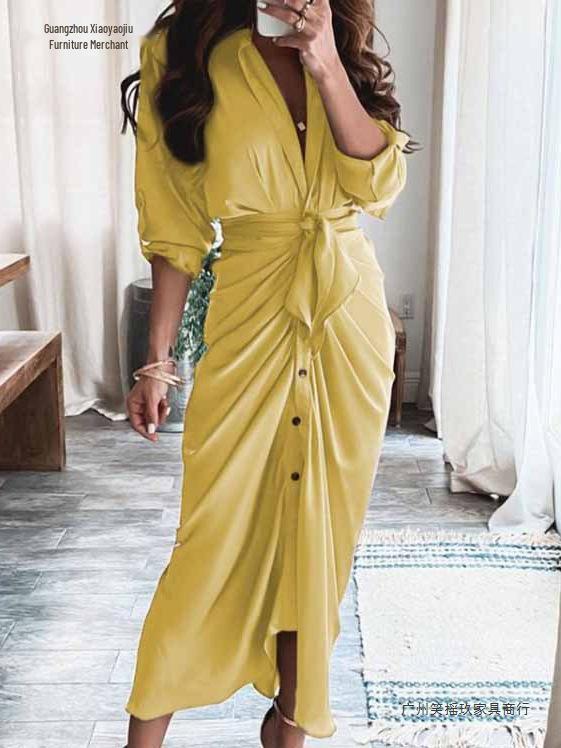2026 Frühling Elegantes Sexy Bedrucktes V-Ausschnitt Bindeband High-Waist Kleid für Damen