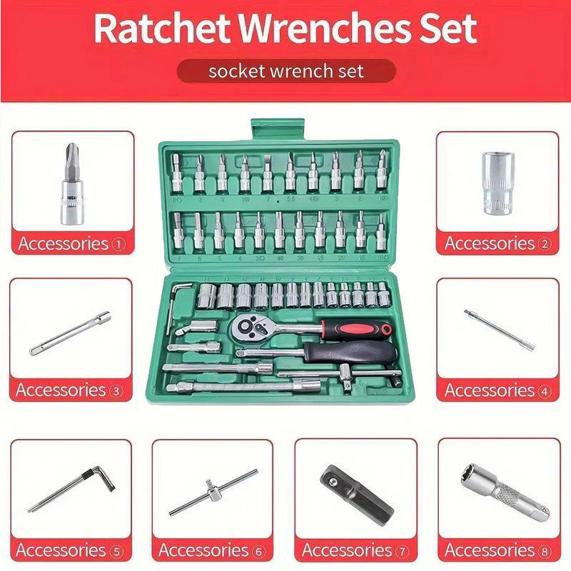 46-teiliges Werkzeugmaschinen-Steckschlüsselset, 1/2 Zoll, 1/4 Zoll, 3/8 Zoll Antrieb, universelles Ratschenschlüsselset mit 72-Zahn-Ratsche, geeignet für den Automobilbereich.