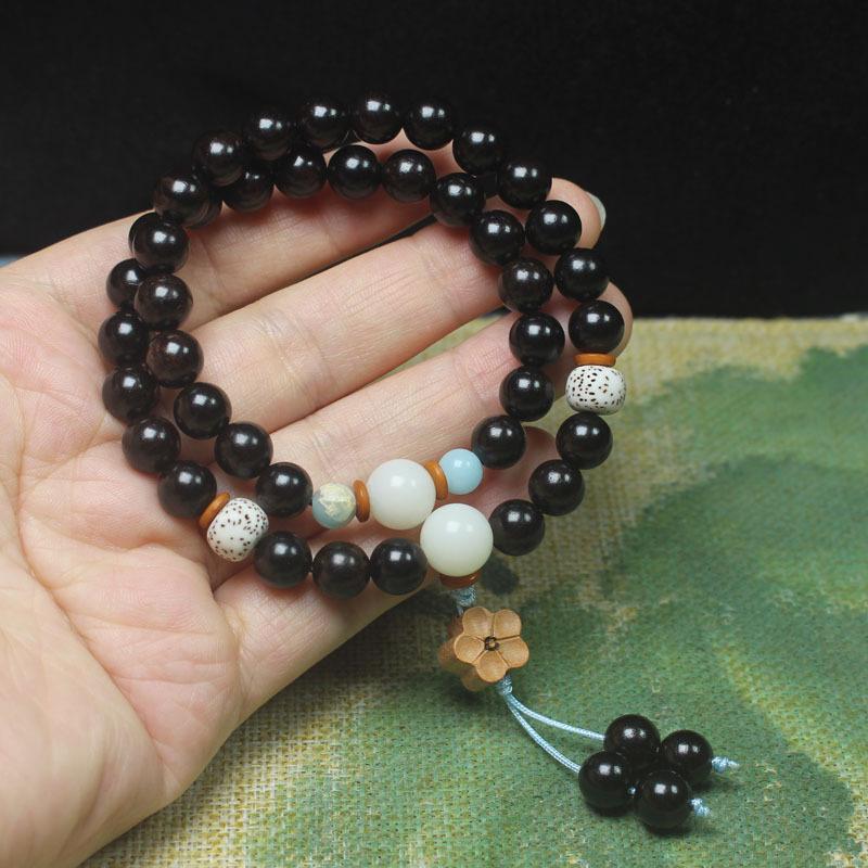 Black Ebony 8mm Double Wrap Bracelet Moon Star Flower Charm Simple Wooden Jewelry