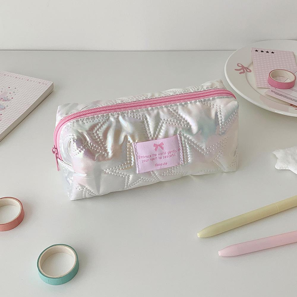 Polyester Storage Bag Star-Patterned Pink Pen Bag Pencil Case Glossy Stationery Organizer For Gift For Girls Travel School