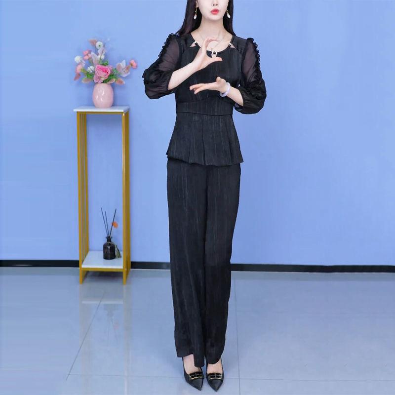 

Весна 2025 Повседневная одежда для мамы: Комплект-двойка для похудения с брюками широкого кроя, мода ранней осени для женщин. 4XL (145-160 jin)