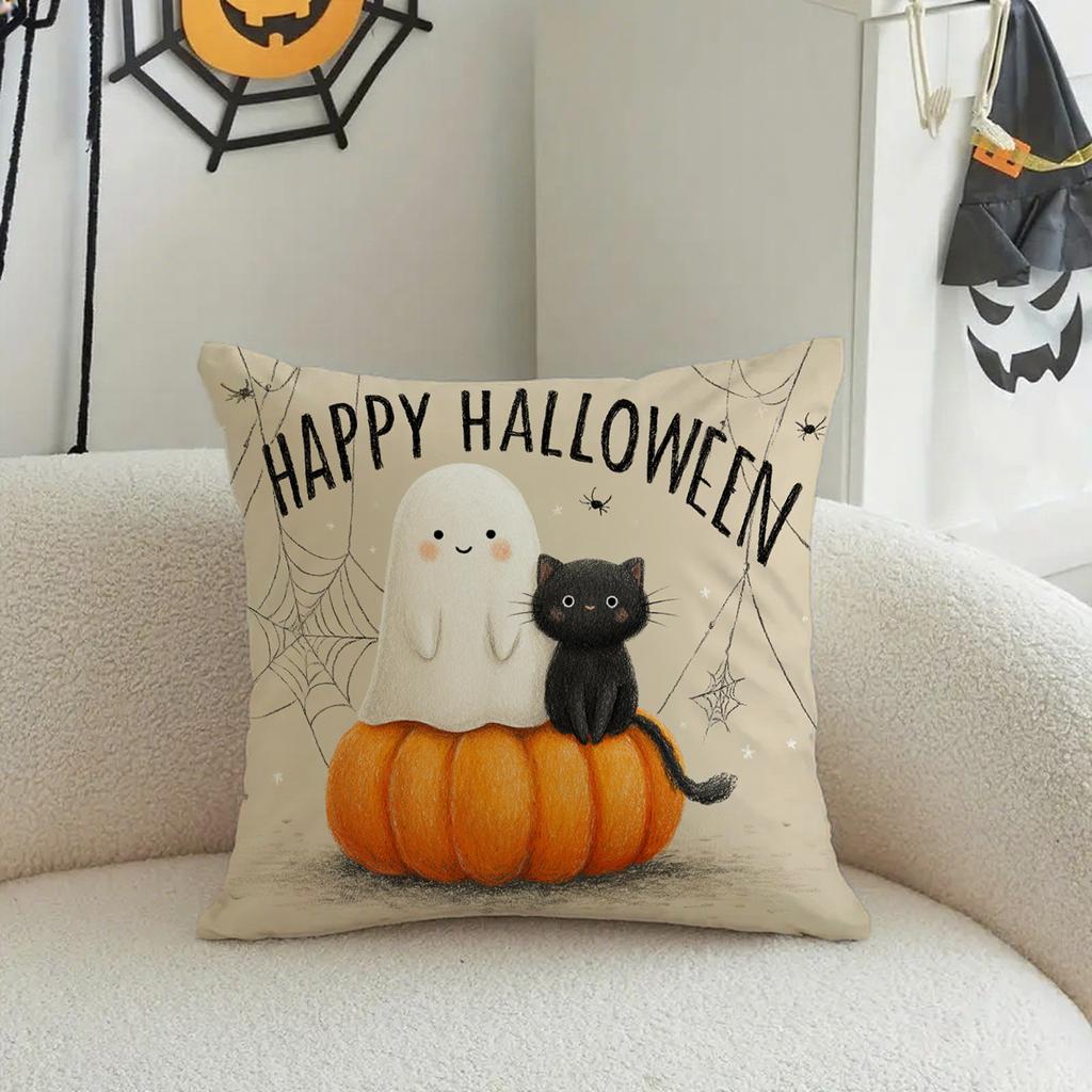 Halloween-Themed Cat & Ghost Pillowcasessuitable For Sofa Car Bedroom Decorative Cushion Cover Pillow Cover