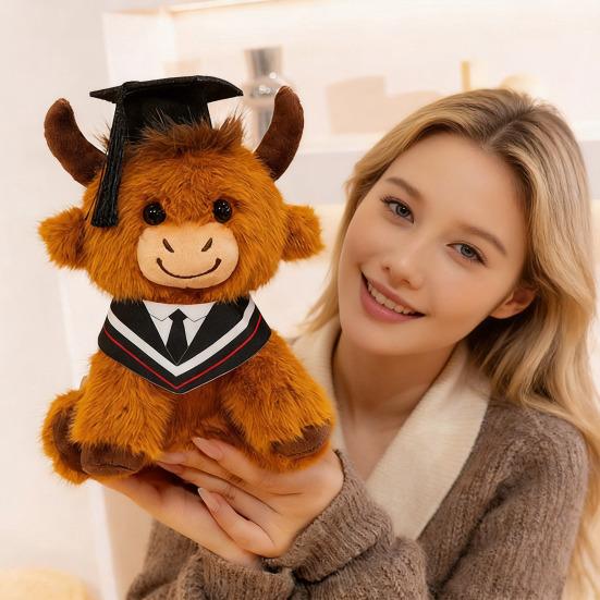 2026 Graduation Highland Cow Plush Toy with Cap Gown Soft Stuffed Animal Graduation Keepsake Toy for Preschool High School College Grads