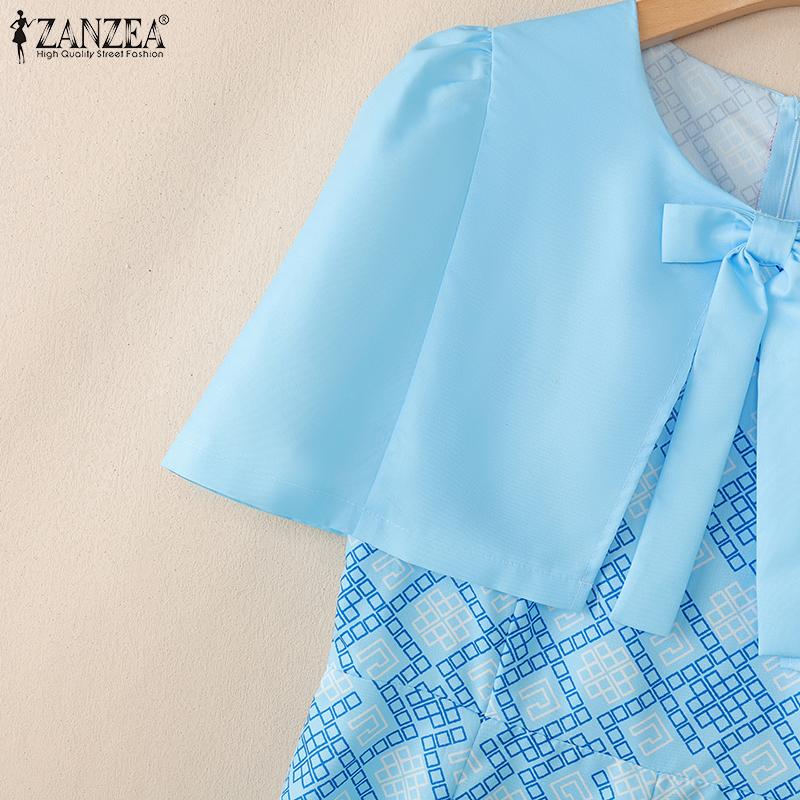 ZANZEA Women Summer Round Neck Short Sleeve Geometry Print A-line Dress