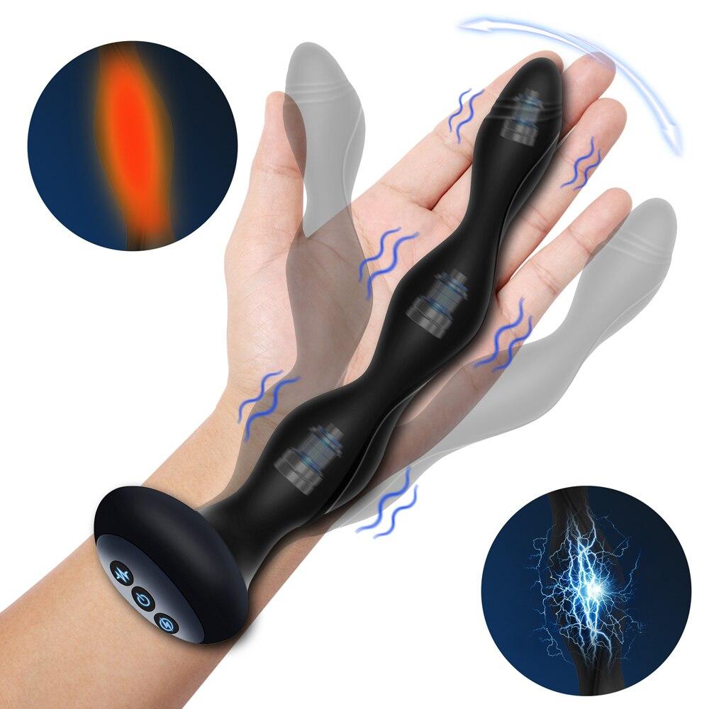 Bendable Electric Pulse Heating Prostate Massager Sex Toys 3-in-1 Anal Beads Butt Plug for Men Women Couple Adult