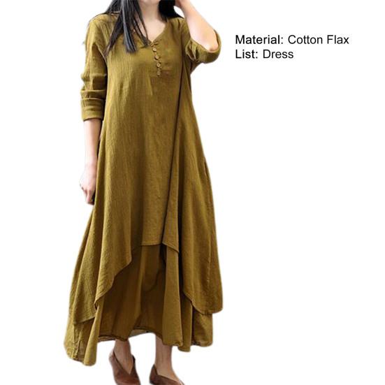 Buttons Decor False Two Pieces Baggy Dress Large Hem V-Neck Solid Color Long Sleeve Retro Dress Streetwear