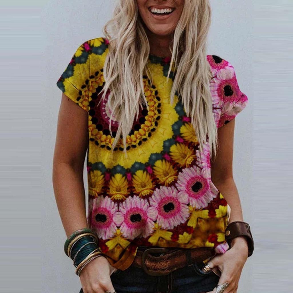 Fashion Women's Summer Printed Short Sleeve Crew-Neck T-Shirt Casual Tee Tops