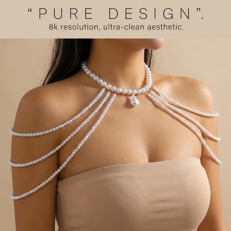 Boho Imitation Pearl Multi Layer Body Chain Beaded Shoulder Chain for Women Beach Vacation Daily Wear Jewelry