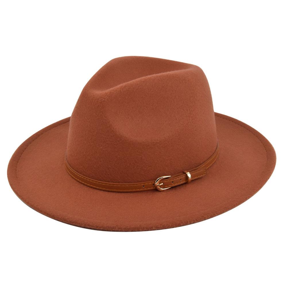 Retro jazz hat, dark khaki belt, woolen hat, cowboy ancient black woolen hat, flat brim hat