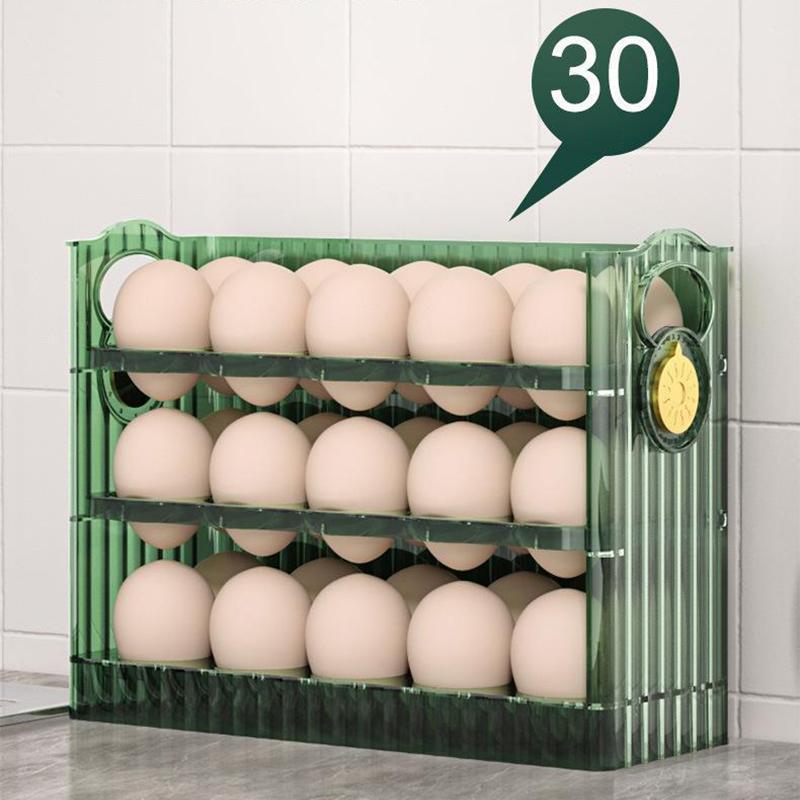 Organizator de ouă cu rabat automat, suport pentru ouă cu 3 niveluri, 30 de bucăți, recipient pentru depozitarea ouălor pentru ușa laterală a frigiderului sau blat