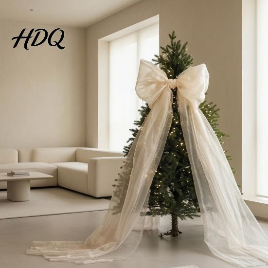 Herbruikbare Polyester Strikken Extra Grote Kerstboom Topper Strik 150 cm Reusachtig Tule met Feestelijke Cadeauverpakking Lange Slinger Organza Gaaslint
