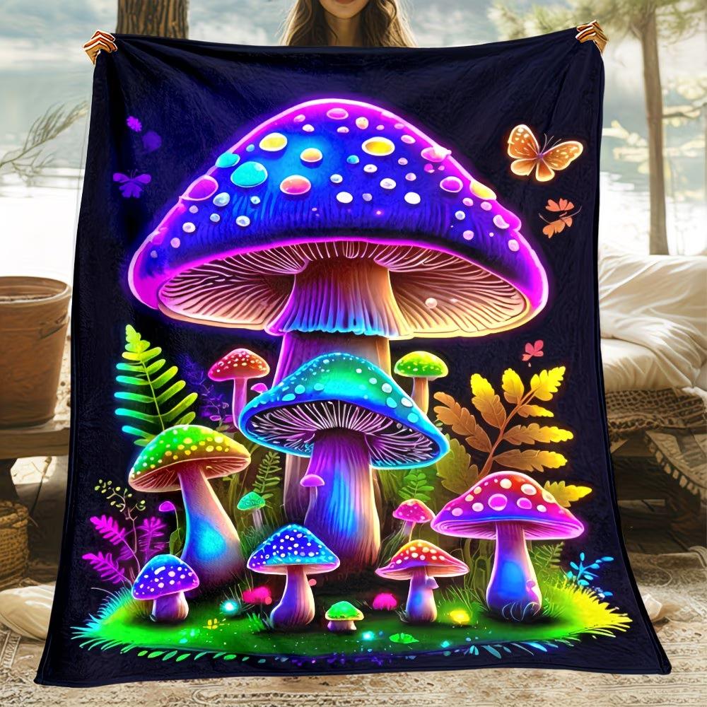 1pc Bohemian Mushroom Flannel Blanket Suitable for Home Sofa Bed Travel Camping Soundwave Technology Mushroom Print Bedspread