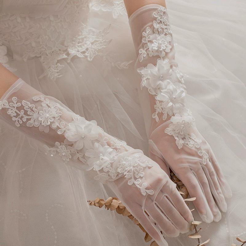 Elegant Fairy Long Wedding Tull Gloves Lace Flower Mesh Thin Gloves Pography Props Bride Dress Accessories