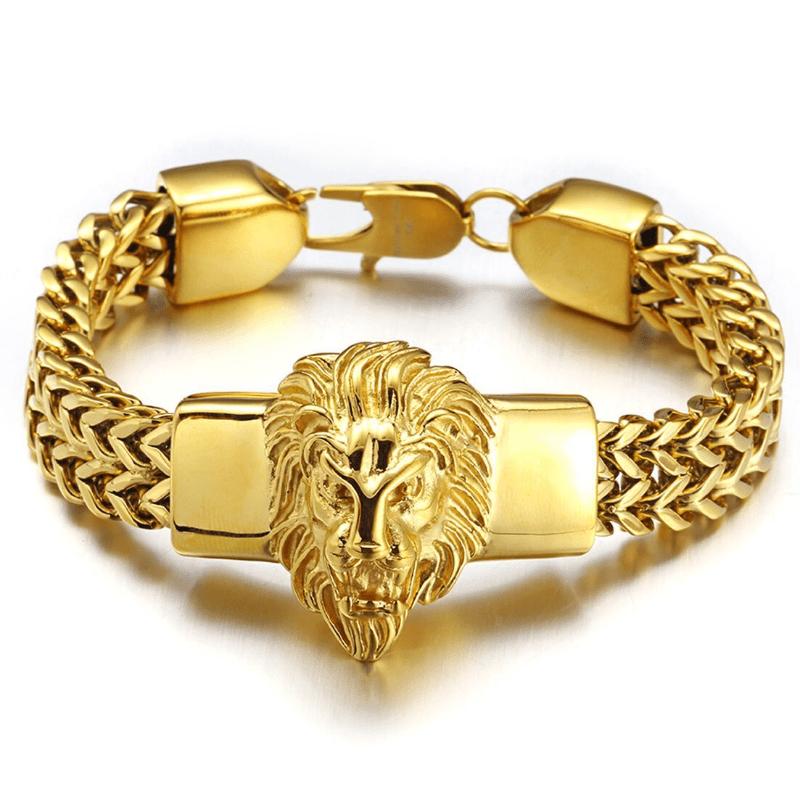 Bracciale da Uomo in Acciaio Inossidabile Leone di Alta Qualità, Maglia a Catena Placcata Oro, Biker Punk Rock, Gioiello Artificiale alla Moda Regalo