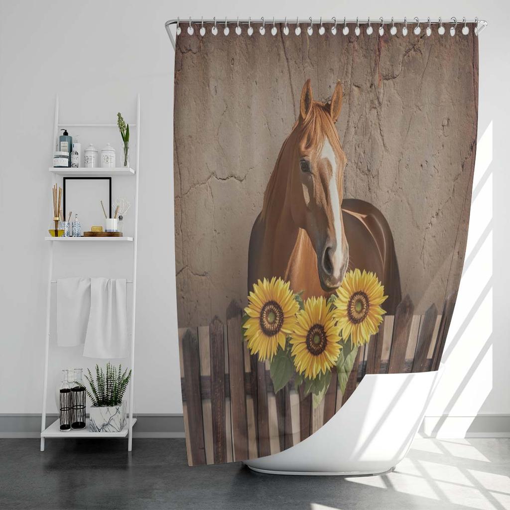 1PC Farm Horse Pattern Printed Shower Curtain, Rural Life Style, Waterproof, with 12 Hooks, Bathroom Showers, Bathtub, Home Use