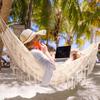 Portable Double Hammock Chair - Curved Bar Canvas Swing with Tassels for Outdoor Camping