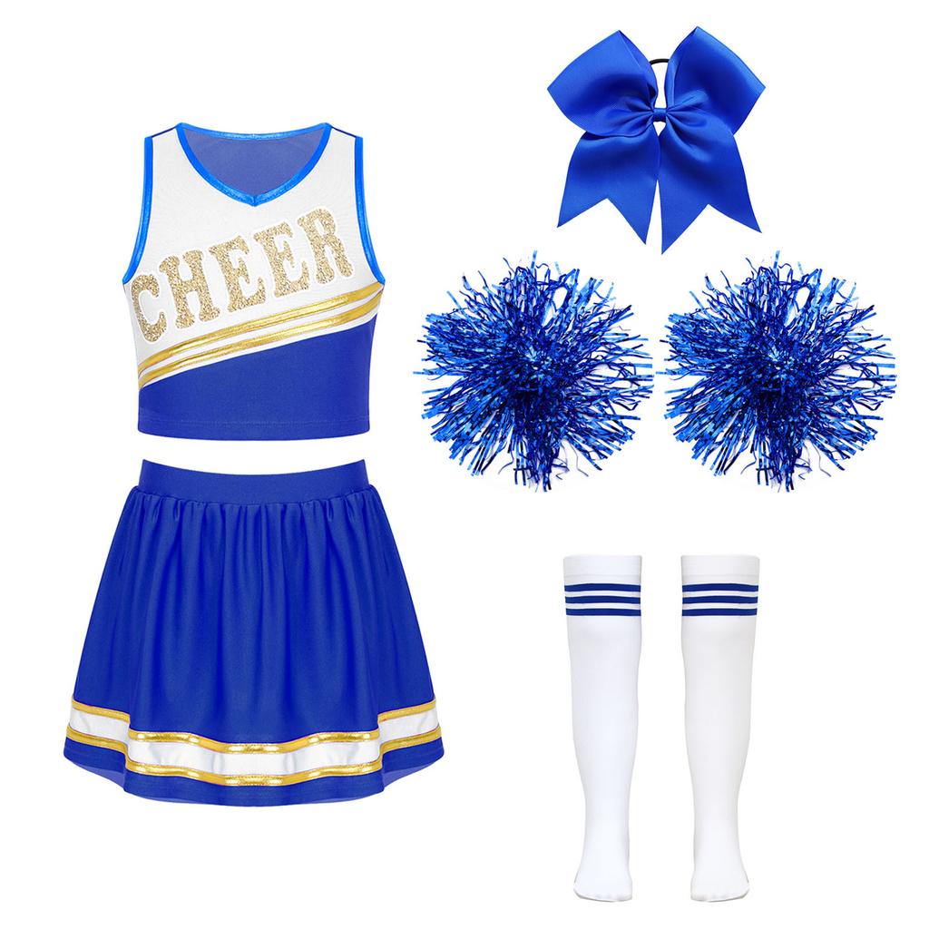 Girls Cheerleading Outfit Sleeveless V Neck Letter Print Crop Top Elastic Waist Skirt Bowknot Headwear Hand Flowers Socks
