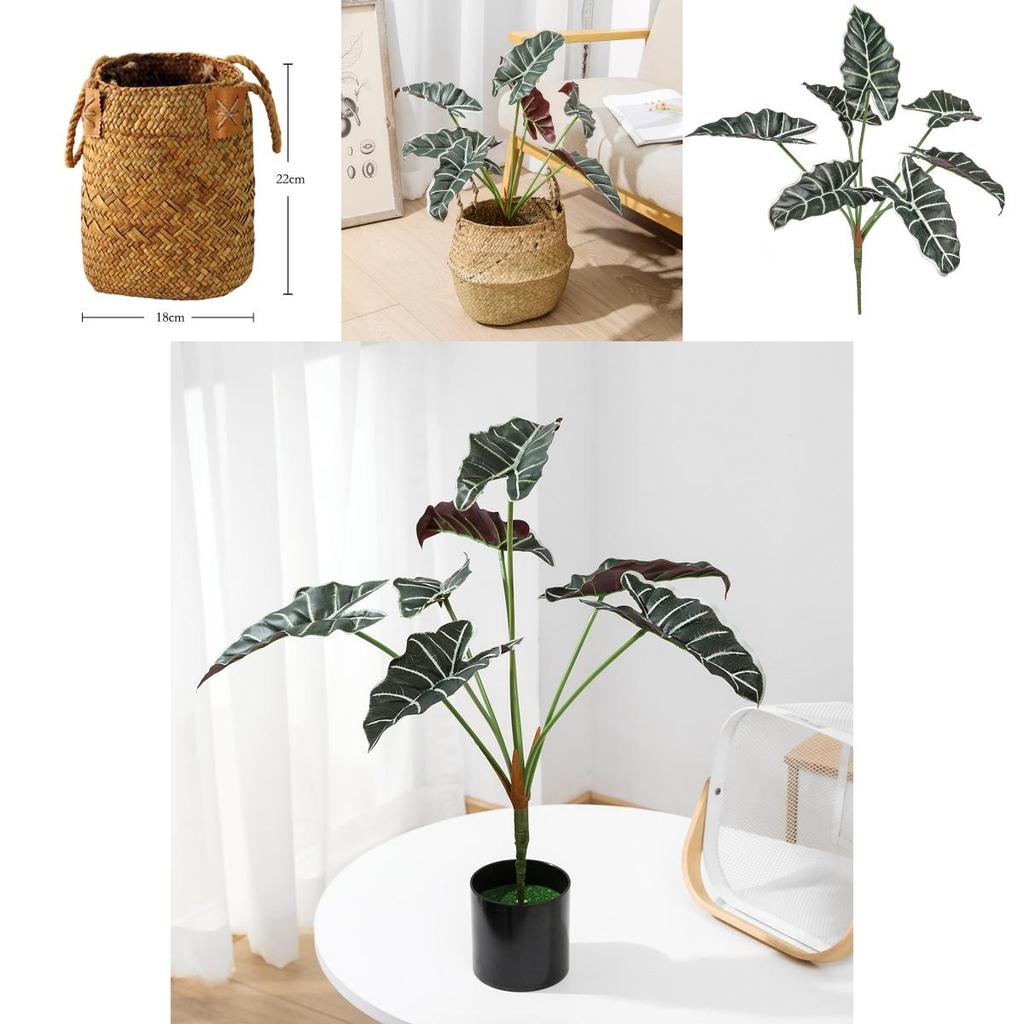 Style Artificial Alocasia Odora Leaf Plant With Handcrafted Basket For Home Decor