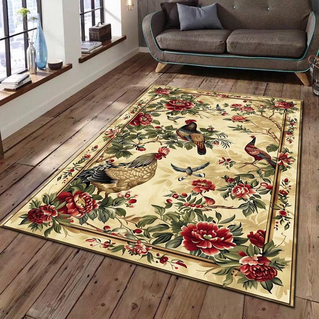 Vintage Rooster Floral Area Rug Collection Retro Farmhouse Style Pattern Floor Mat For Living Room Country Home Decor