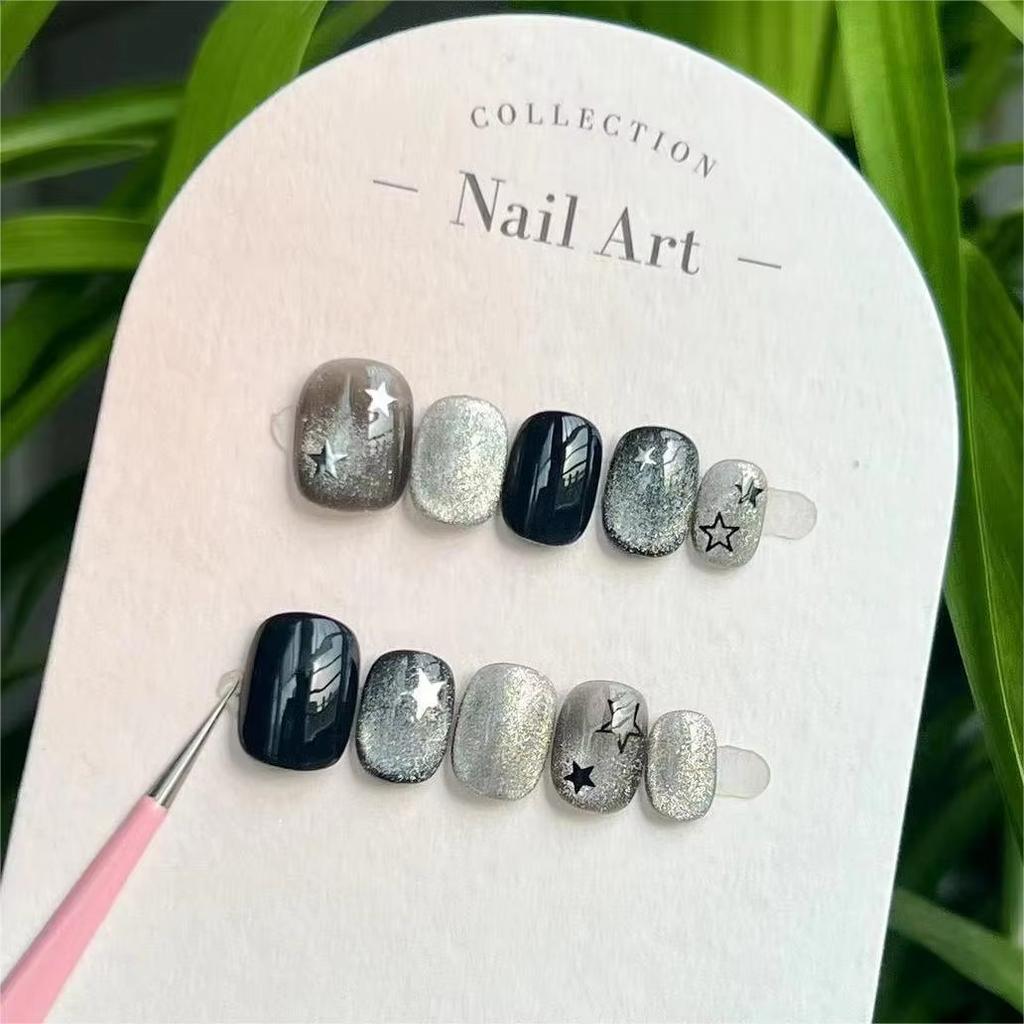 10Pcs Handmade Black Cat Eye Star Press On Nails Short Square Round Sweet Cool Wearable False Nail Art For Women Girls